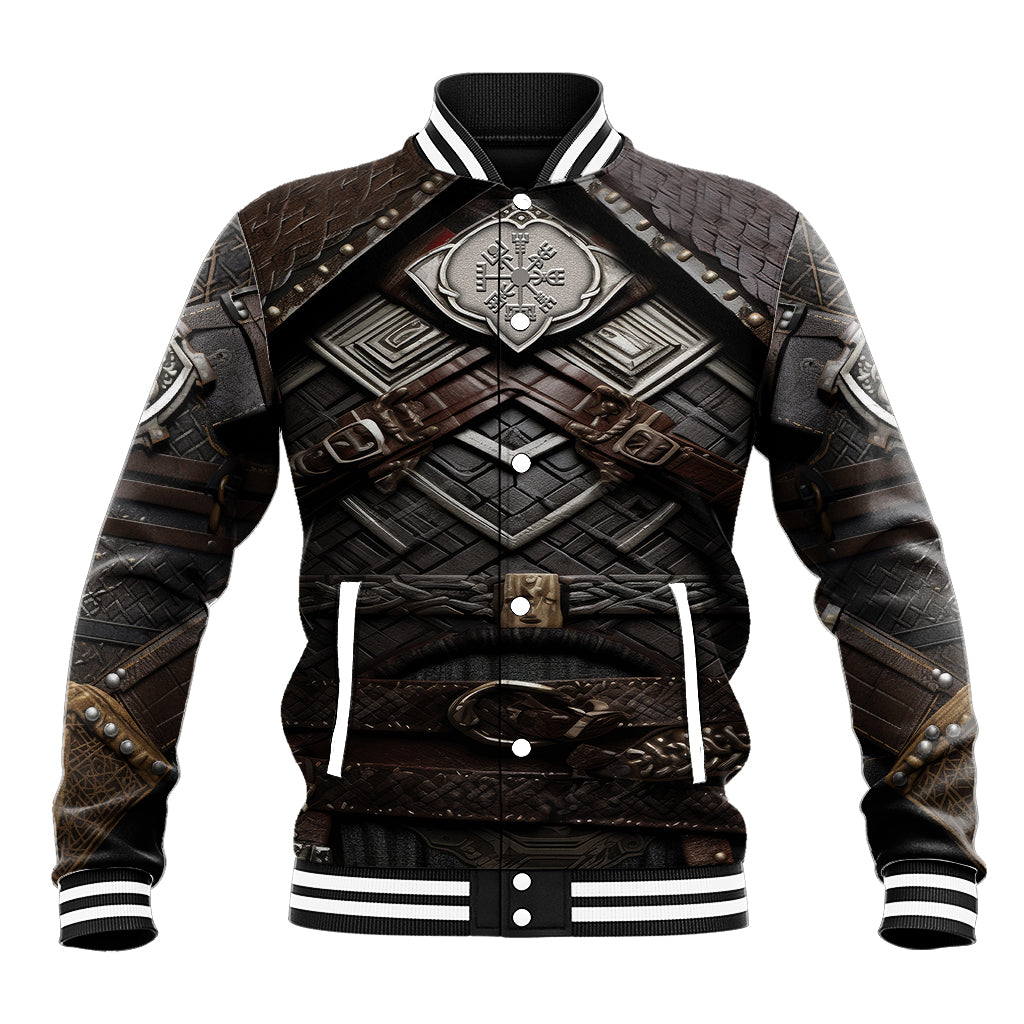 Unisex black-and-brown baseball jacket with armor graphics and large wolf emblem