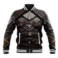 Unisex black-and-brown baseball jacket with armor graphics and large wolf emblem