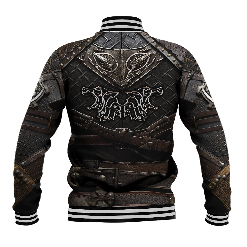 Unisex black-and-brown baseball jacket with detailed armor back graphic and wolf crest
