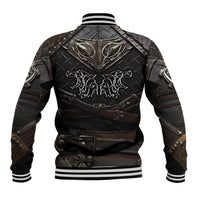 Unisex black-and-brown baseball jacket with detailed armor back graphic and wolf crest