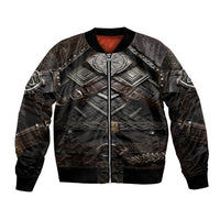 Men's dark bomber jacket with front zip, armor print and wolf emblem graphic