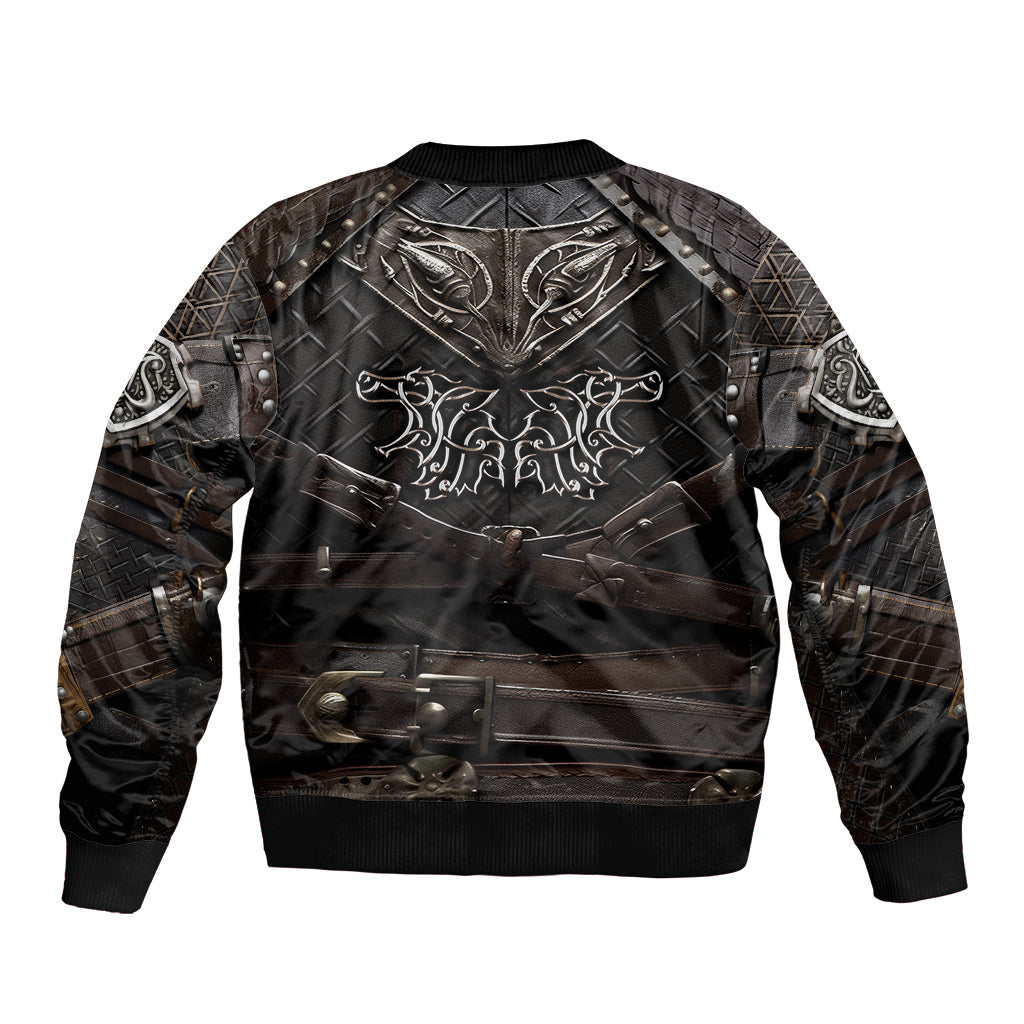 Dark bomber jacket with large wolf and rune artwork on chest, ribbed cuffs