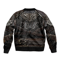 Dark bomber jacket with large wolf and rune artwork on chest, ribbed cuffs