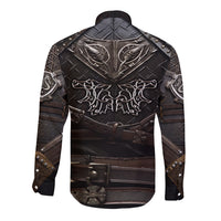Long sleeve button shirt with large wolf emblem on back, dark armor-style print