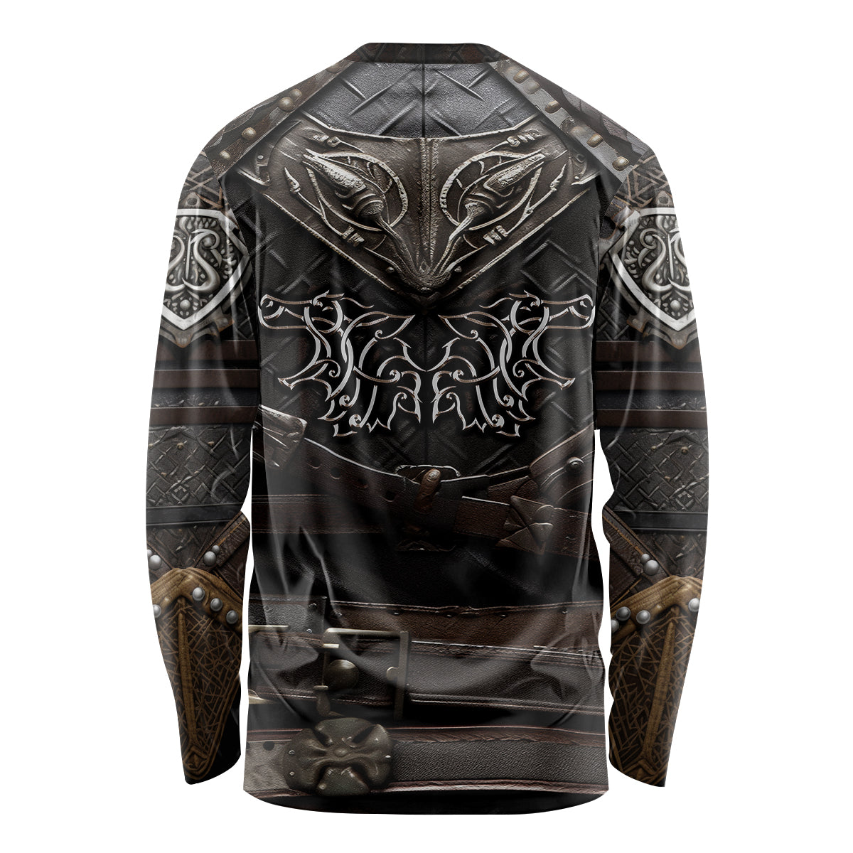 Long sleeve warrior shirt, black graphic back with wolf emblem and runic patterns