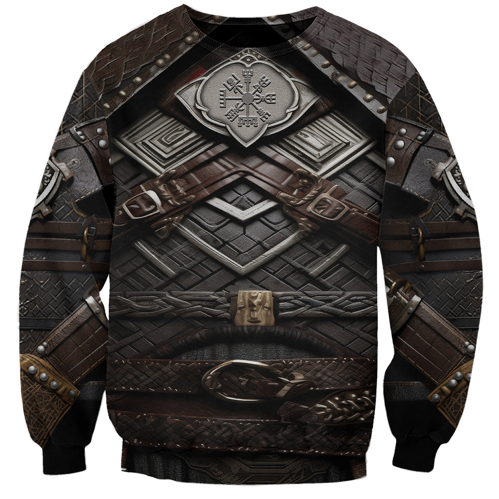 Unisex armor-themed sweatshirt with shield emblem and wolf symbol, dark graphic print