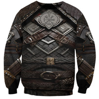 Unisex armor-themed sweatshirt with shield emblem and wolf symbol, dark graphic print