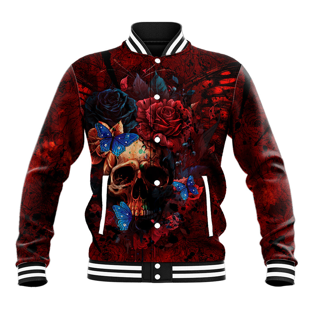 Unisex red baseball jacket with colorful skull, roses and butterflies, snap front and ribbed trim