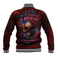 Unisex red baseball jacket with skull graphic on back, striped ribbed collar and cuffs