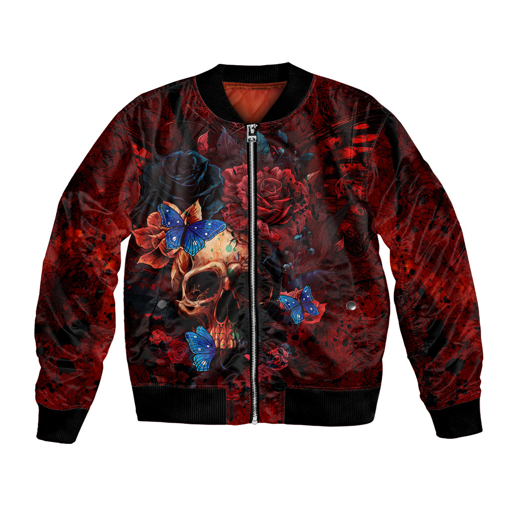 Unisex red bomber jacket with front zipper and skull-and-blue butterfly graphic, ribbed cuffs
