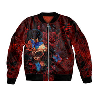 Unisex red bomber jacket with front zipper and skull-and-blue butterfly graphic, ribbed cuffs