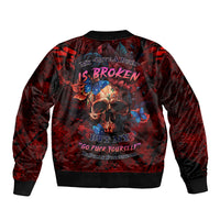 Unisex red bomber jacket, back skull-and-blue butterfly graphic, ribbed cuffs and hem