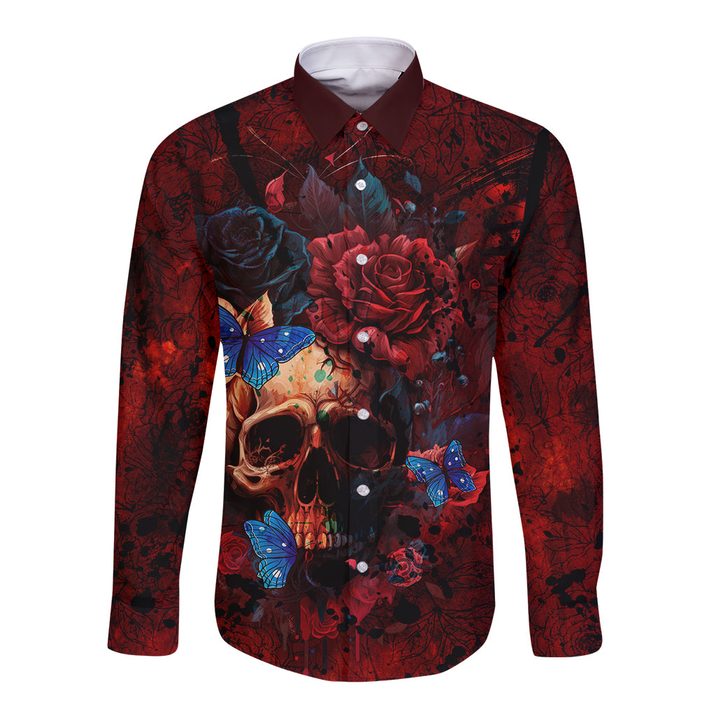Red long-sleeve button shirt with front skull, butterflies and roses print