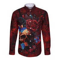 Red long-sleeve button shirt with front skull, butterflies and roses print