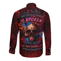 Red long-sleeve button shirt with skull and roses graphic on dark maroon fabric