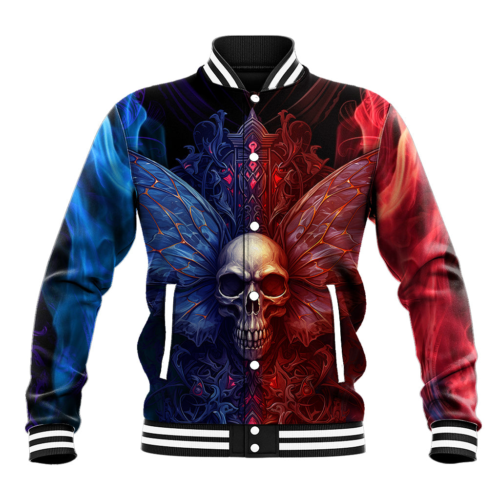 Multicolor varsity jacket with button front and red-blue skull graphic, striped ribbed hem