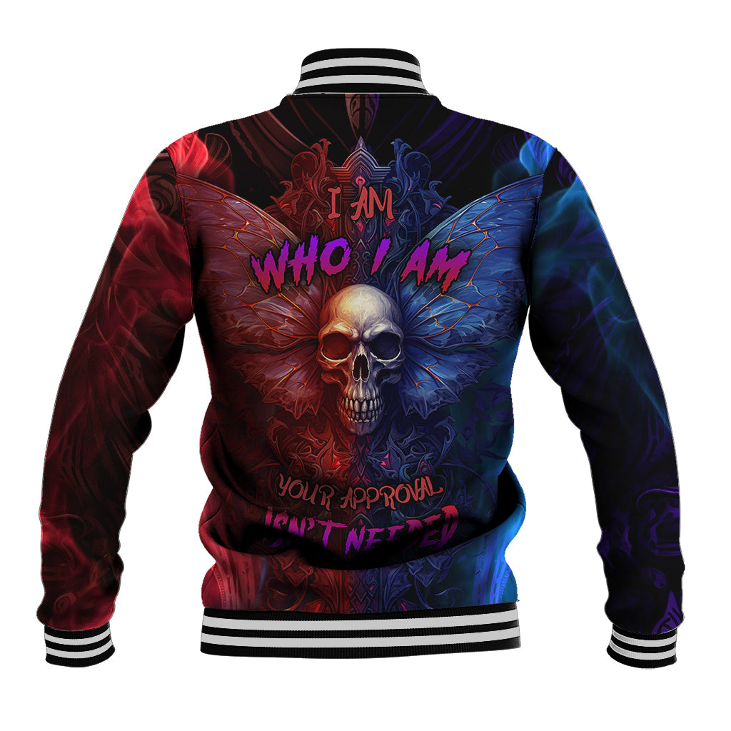 Multicolor baseball jacket with red-blue skull graphic, ribbed collar, striped cuffs