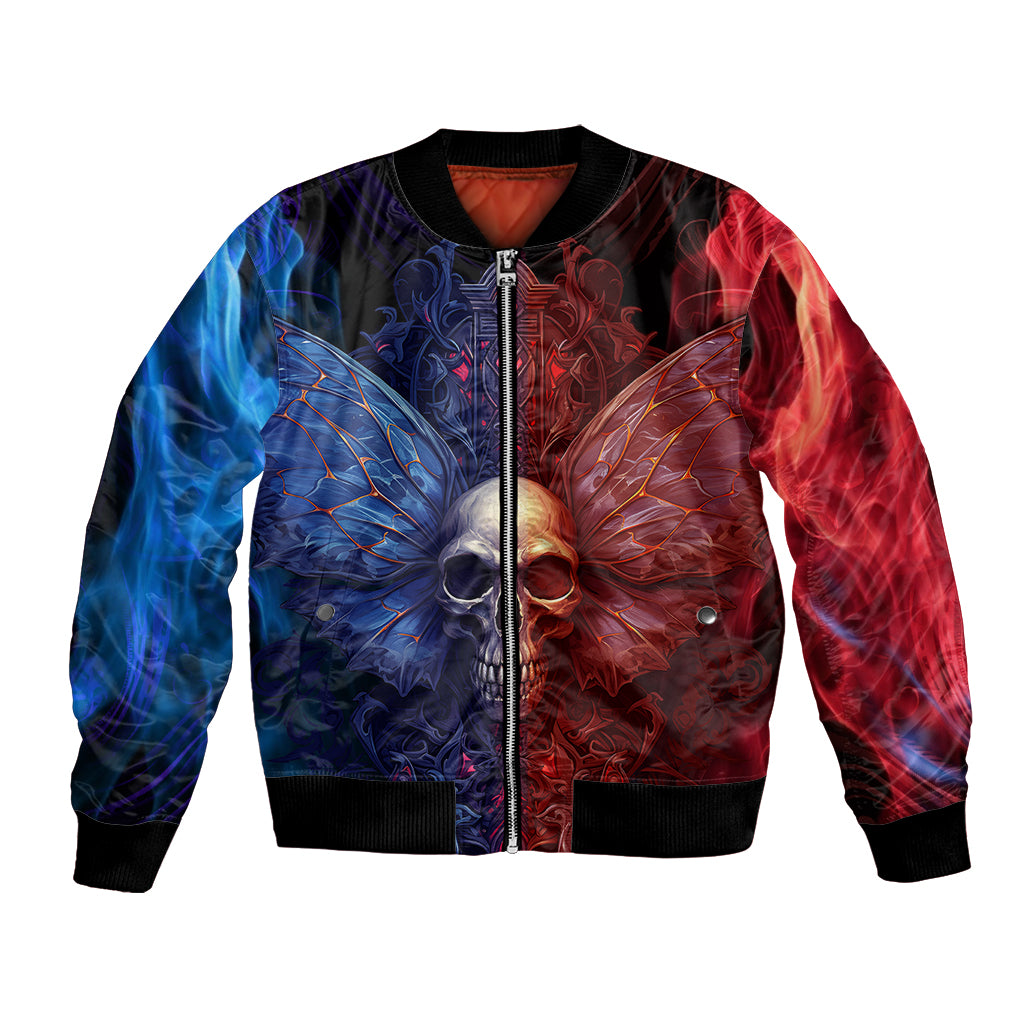 Unisex bomber jacket, front zip with blue and red winged skull print, black rib trim