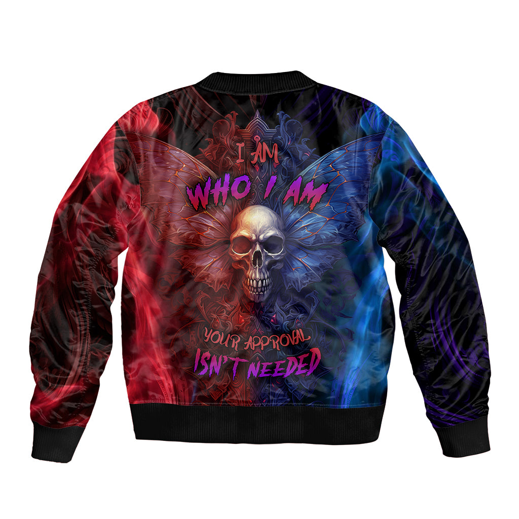 Unisex bomber jacket with red and blue skull graphic, ribbed cuffs, black trim