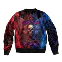 Unisex bomber jacket with red and blue skull graphic, ribbed cuffs, black trim