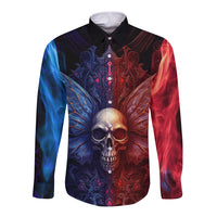 Multicolor long-sleeve button shirt with skull graphic, blue and red wing sleeves, button front
