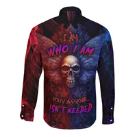 Multicolor long-sleeve button shirt with graphic skull and wing artwork, dark collar