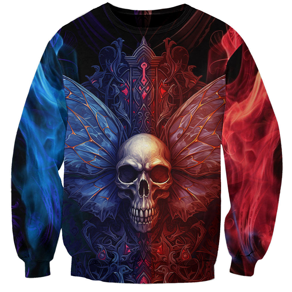 Multicolor graphic sweatshirt with central skull and wings design, ornate background