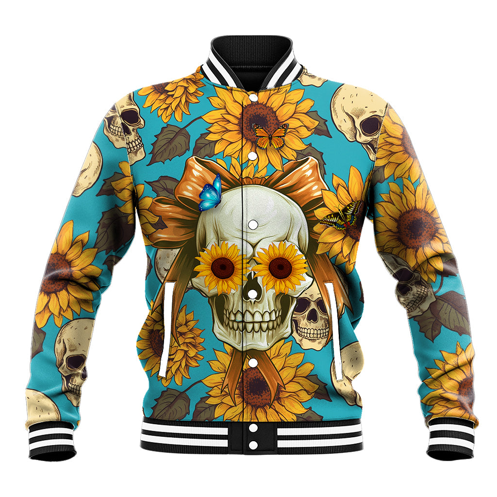 Unisex varsity baseball jacket in teal and yellow with front skull and sunflower graphic