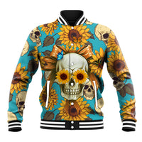 Unisex varsity baseball jacket in teal and yellow with front skull and sunflower graphic