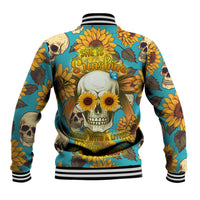 Unisex baseball jacket with teal, yellow and skull-sunflower graphic and text on back