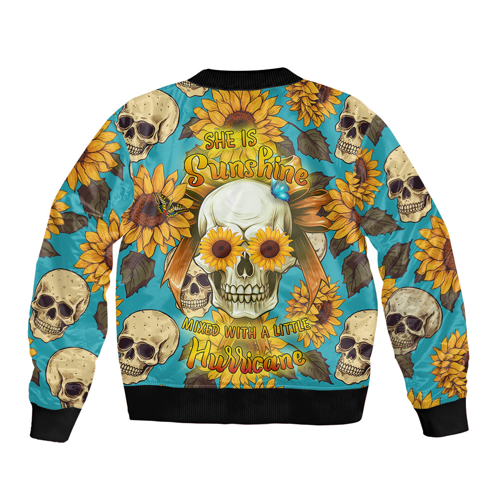 Unisex bomber jacket with multicolor skull and sunflower graphic, ribbed collar and cuffs