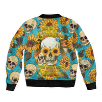 Unisex bomber jacket with multicolor skull and sunflower graphic, ribbed collar and cuffs