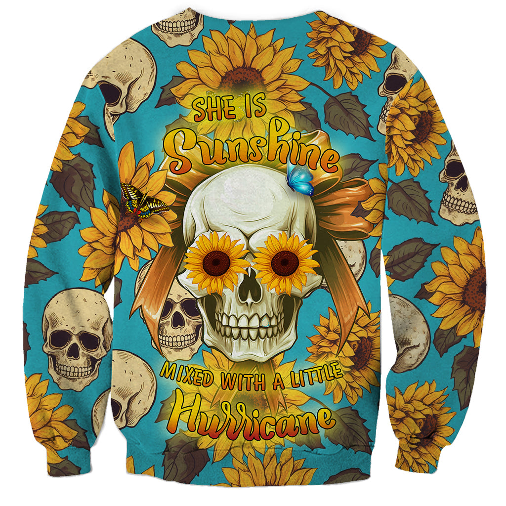 Unisex sweatshirt with teal blue skulls, sunflowers, and bold graphic text