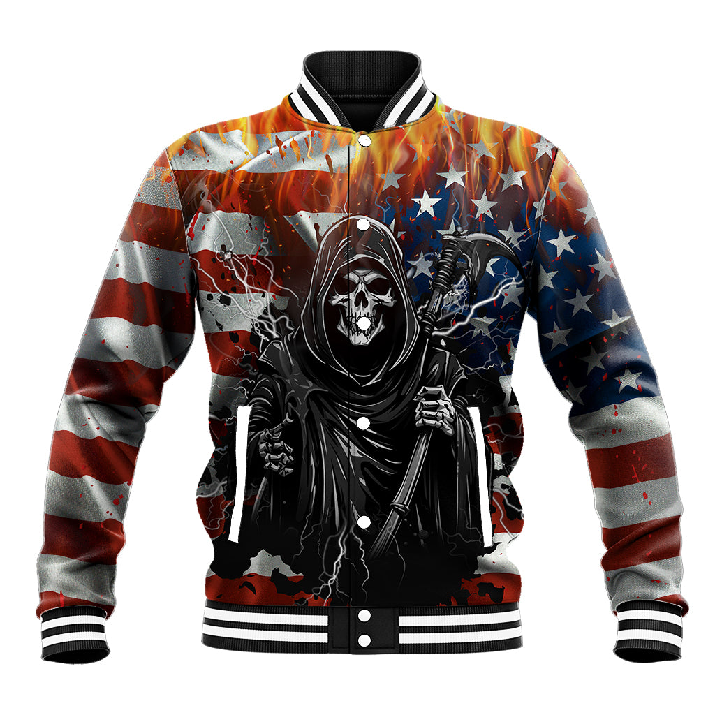 Multicolor baseball jacket with button front, skull-and-stars graphic, striped ribbed trim