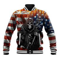 Multicolor baseball jacket with button front, skull-and-stars graphic, striped ribbed trim