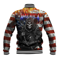 Multicolor baseball jacket with front skull graphic, striped ribbed collar and cuffs