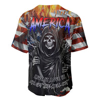 Multicolor baseball jersey with skull, star, and American flag graphic; short sleeves