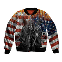 Multicolor bomber jacket with front zipper, American stars and skull graphic, ribbed cuffs