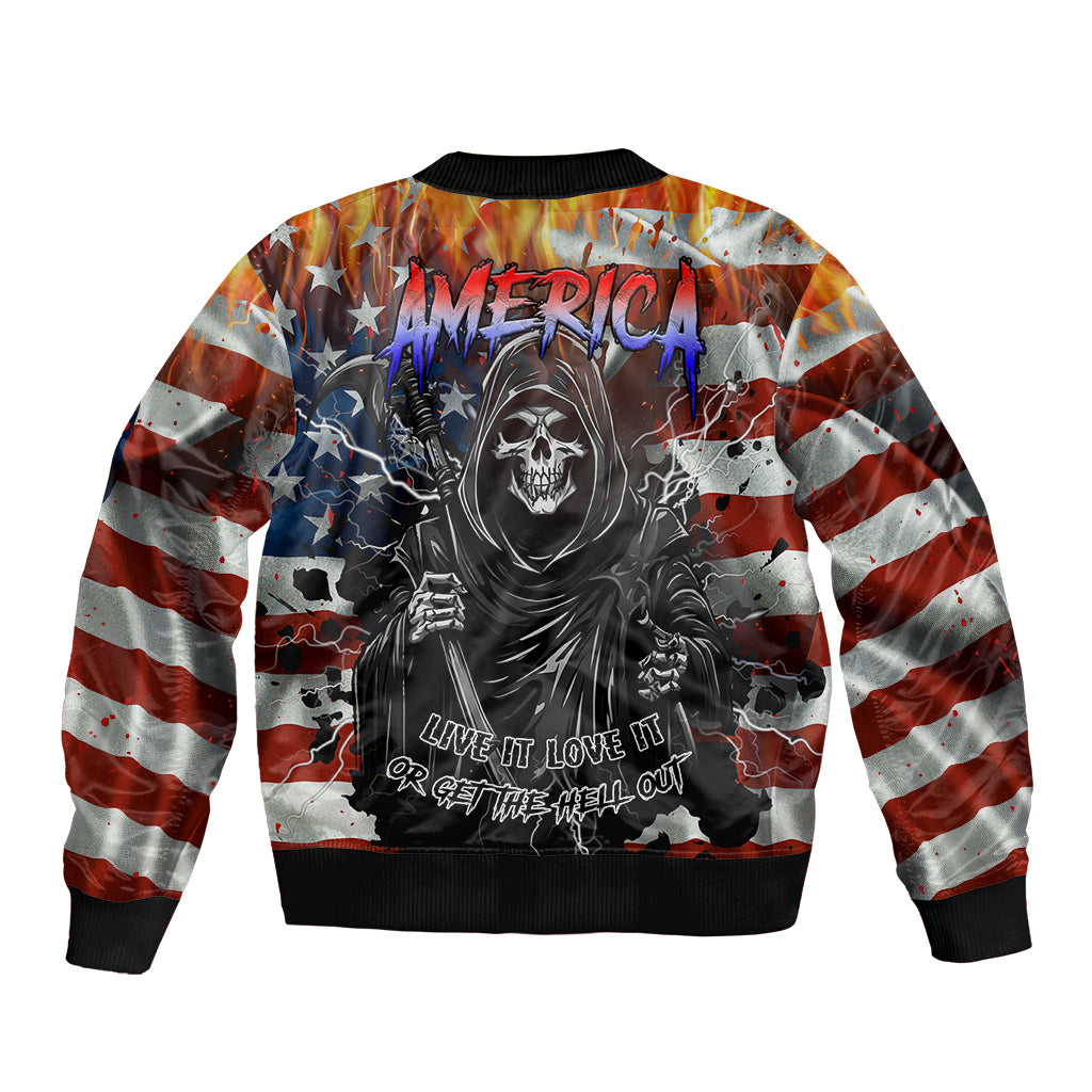 Graphic bomber jacket with red, white, blue stars and skull, ribbed collar and cuffs