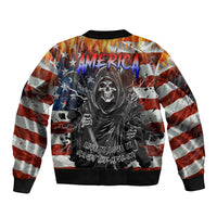 Graphic bomber jacket with red, white, blue stars and skull, ribbed collar and cuffs
