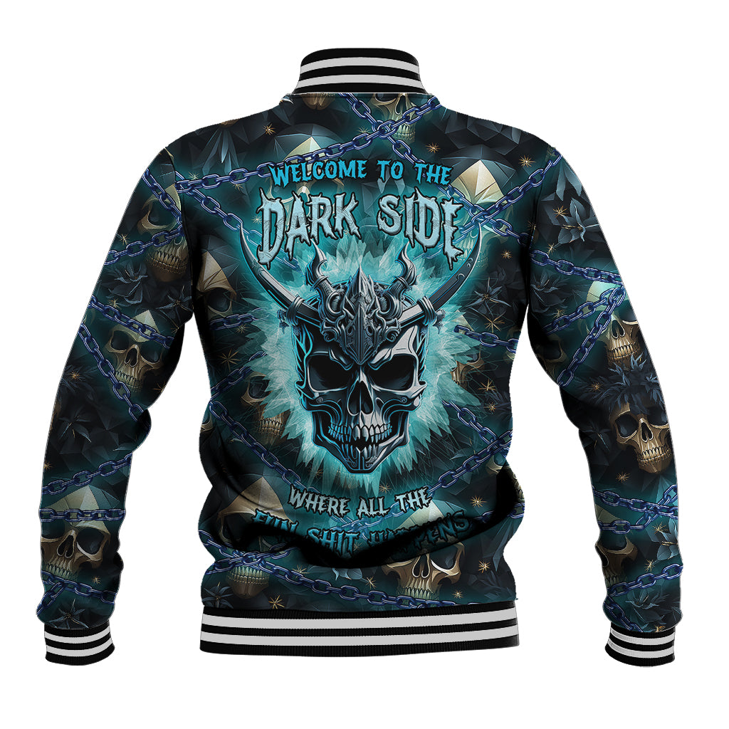 Unisex baseball jacket with dark blue skull graphic, striped ribbed collar and cuffs