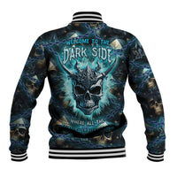 Unisex baseball jacket with dark blue skull graphic, striped ribbed collar and cuffs