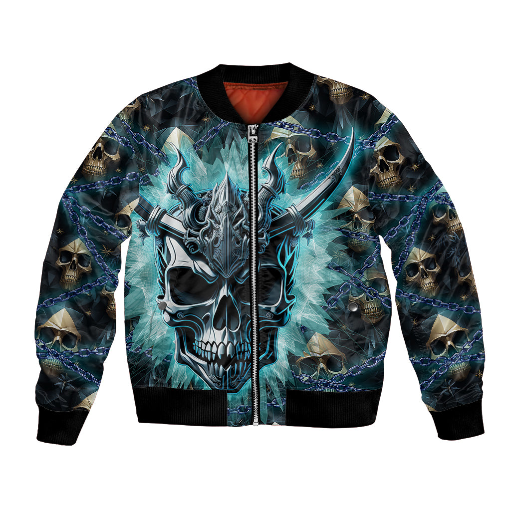 Unisex bomber jacket TS04 with front zipper and teal-blue skull graphic, multicolor