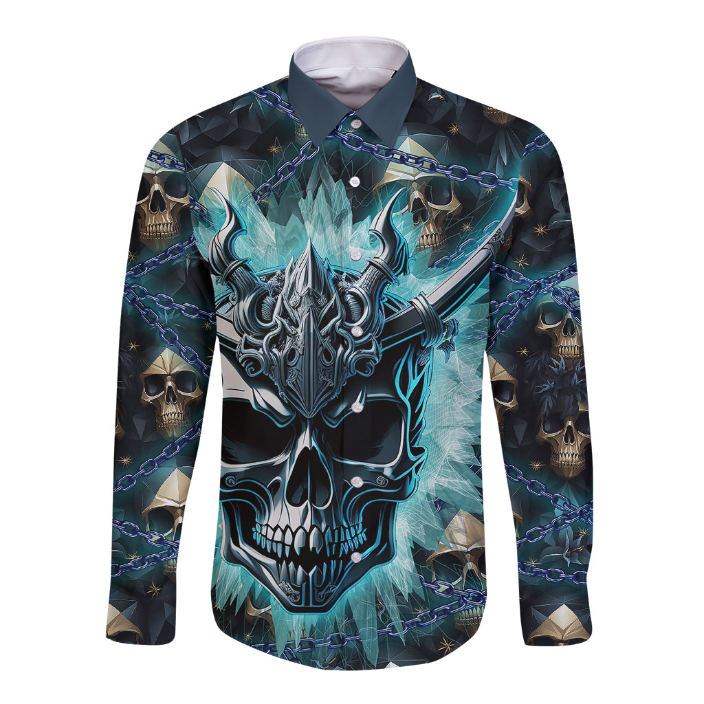 Long-sleeve button shirt, dark multicolor front graphic with horned skull and chain motif