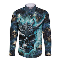 Long-sleeve button shirt, dark multicolor front graphic with horned skull and chain motif