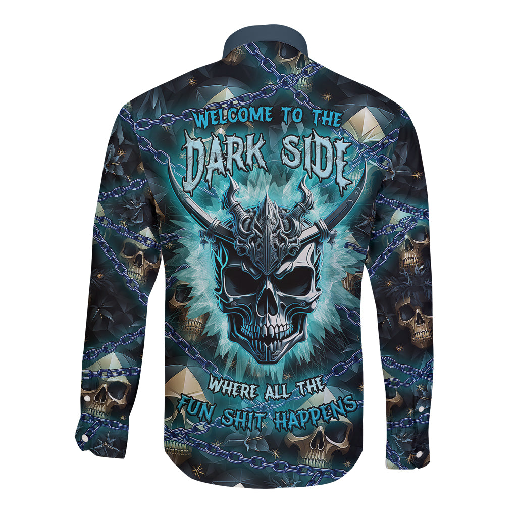 Long-sleeve button shirt, dark multicolor fantasy back graphic with horned skull and text