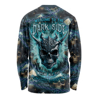 Unisex long sleeve shirt with teal skull front and chain graphic, dark multicolor design