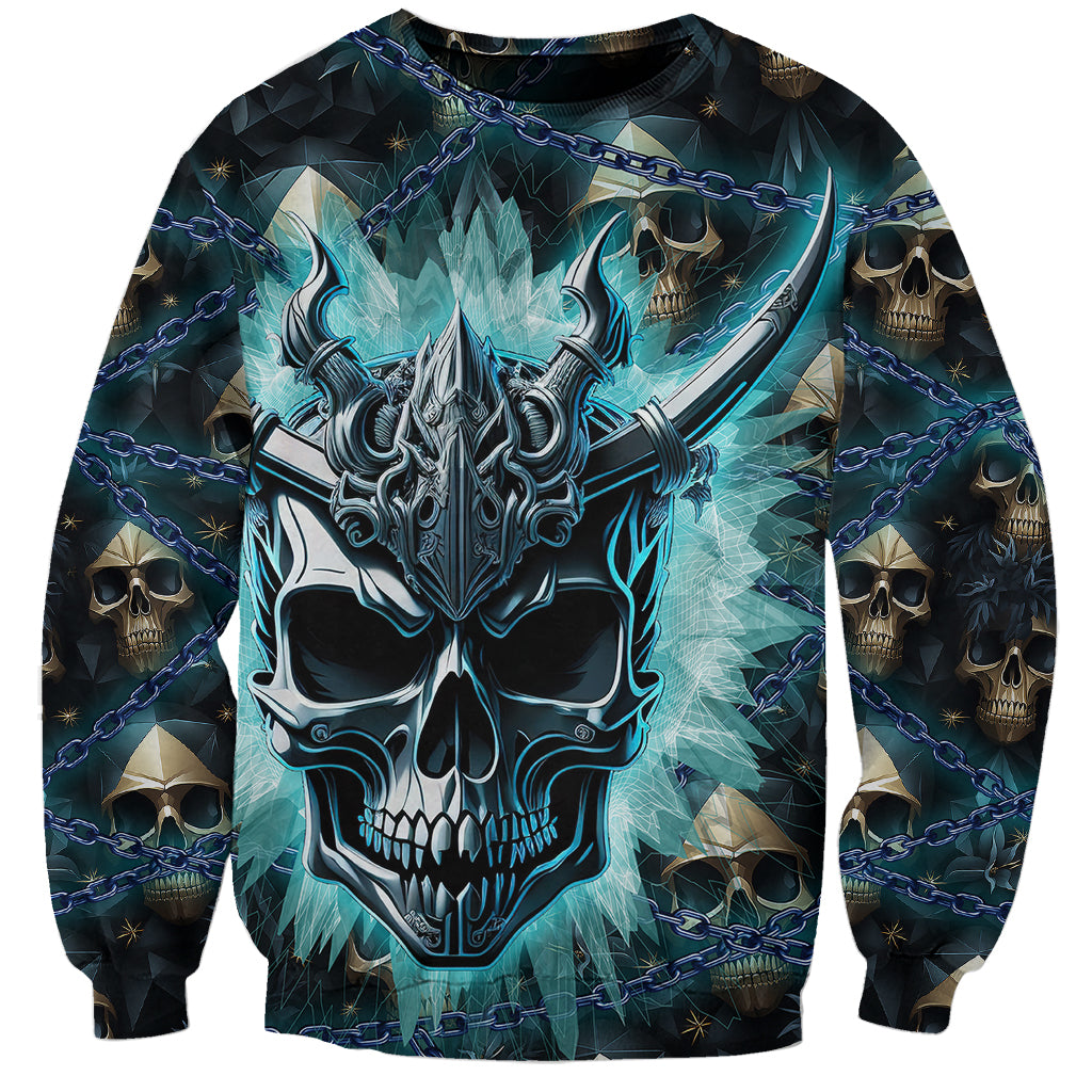 Unisex dark sweatshirt with large teal horned skull face and chain pattern, long sleeves