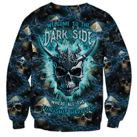 Unisex dark sweatshirt with teal skull graphic, chains, and 'Welcome to the Dark Side' text