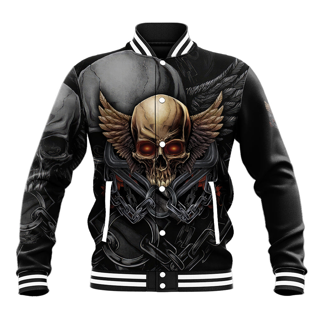 Black unisex baseball jacket with large skull-and-wings graphic, striped ribbed cuffs and collar